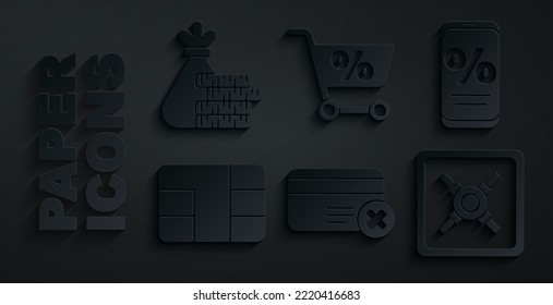 Set Credit card remove, Percent discount and mobile, with chip, Safe, Shopping cart and Money bag coin icon. Vector
