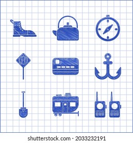 Set Credit card, Rv Camping trailer, Walkie talkie, Anchor, Shovel, Parking, Compass and Hiking boot icon. Vector