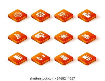 Set Credit card, Scientist and test tube, Magnifying glass for search people, Pos terminal, Cash back and Clock gear icon. Vector