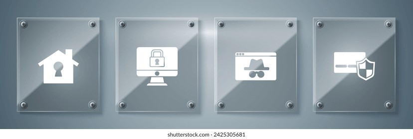 Set Credit card with shield, Browser incognito window, Lock on monitor and House under protection. Square glass panels. Vector