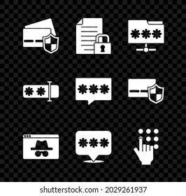 Set Credit card with shield, Document and lock, Folder password, Browser incognito window, Password protection,  and  icon. Vector
