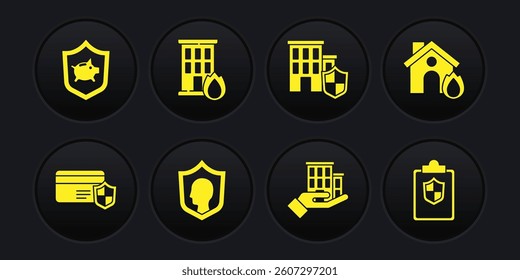 Set Credit card with shield, Fire in burning house, Life insurance, House, Document and Piggy bank icon. Vector