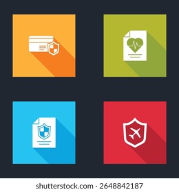 Set Credit card with shield, Health insurance, Contract and Plane icon. Vector