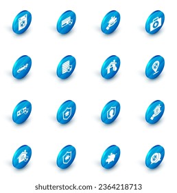 Set Credit card with shield, Piggy bank in hand, First aid kit, Car, Money, Location and House flood icon. Vector