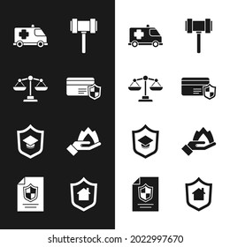 Set Credit card with shield, Scales of justice, Emergency, Judge gavel, Graduation cap, Hand holding fire, House and Contract icon. Vector