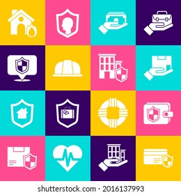 Set Credit card with shield, Wallet, Delivery insurance, Stacks paper money cash, Worker safety helmet, Location, Fire burning house and House icon. Vector
