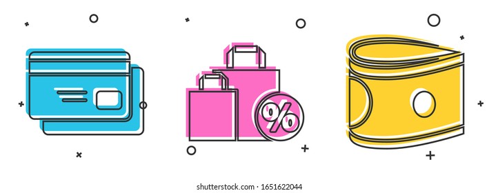 Set Credit card, Shoping bag with discount and Stacks paper money cash icon. Vector