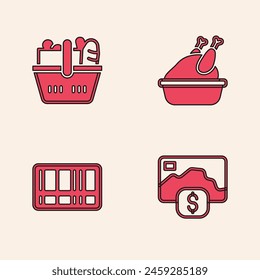 Set Credit card, Shopping basket and food, Roasted turkey or chicken and Barcode icon. Vector