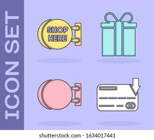 Set Credit card, Signboard hanging with an inscription shop here, Signboard hanging and Gift box icon. Vector