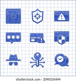 Set Credit card, Smart key, Check mark in speech bubble, Browser with shield, Incognito mode, Password protection, exclamation and Safe icon. Vector
