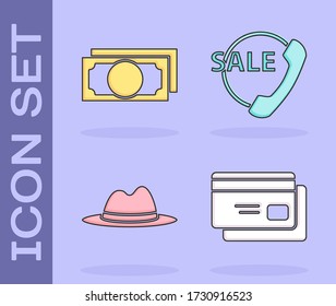 Set Credit card, Stacks paper money cash, Man hat with ribbon and Telephone 24 hours support icon. Vector