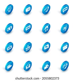 Set Credit card, Telephone 24 hours support, Fifty discount percent tag, Stacks paper money cash, Hanging sign with Open, Seventy, Money and coin and Discount icon. Vector