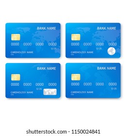 Set of credit card template. Plastic blue credit cards with chip and map picture. Vector illustration isolated on white background