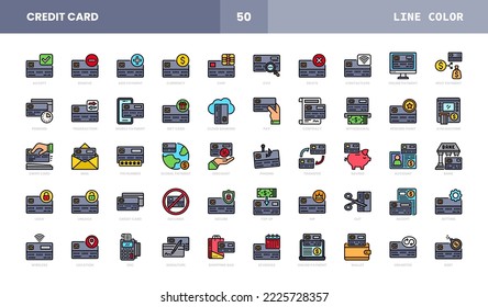 Set of Credit Card Vector Filled Line Icons. Consist Icons as Deposit or Withdraw Funds, Money Transfer, Payment, Contactless and more.