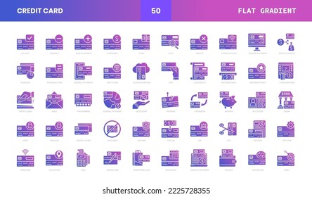 Set of Credit Card Vector Flat Gradient Icons. Consist Icons as Deposit or Withdraw Funds, Money Transfer, Payment, Contactless and more.