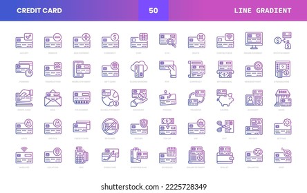Set of Credit Card Vector Line Gradient Icons. Consist Icons as Deposit or Withdraw Funds, Money Transfer, Payment, Contactless and more.