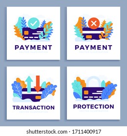 Set Credit card vector stock illustration for landing page or presentation. Accepted payment, Declined payment, transfer and protection