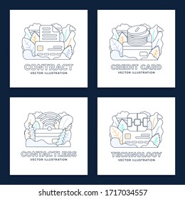 Set Credit card vector stock illustration isolated on a white background for landing page or presentation. Chip, NFC Payment, document and money coin