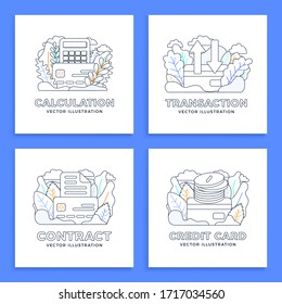 Set Credit card vector stock illustration isolated on a white background for landing page or presentation. Calculator, transfer, document and money coin