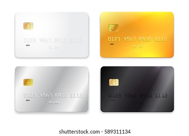 Set of credit card, white, gold, silver and black realistic mockup. Vector illustration. Isolated on white background. 