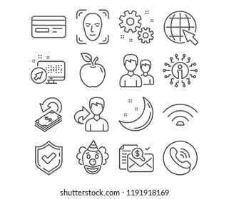 Set of Credit card, Work and Internet icons. Couple, Wifi and Cashback signs. Accounting report, Face detection and Clown symbols. Card payment, Settings, World web. Vector
