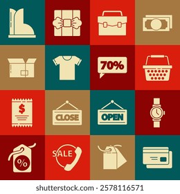 Set Credit card, Wrist watch, Shopping basket, Briefcase, T-shirt, Carton cardboard box, Waterproof rubber boot and Seventy discount percent tag icon. Vector