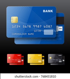 Set of credit cards isolated on black background. Vector illustration. Can be use for template your design, promo, adv.