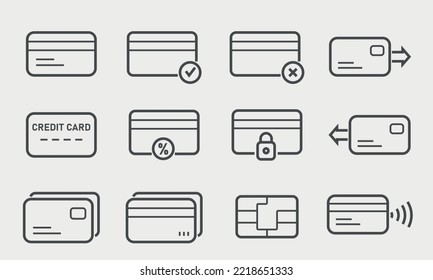 Set Of Credit Cards Line Icons. Chip, Register, Safe Payment, Cash, Sync, Nfc Chip For Security. Vector Illustration