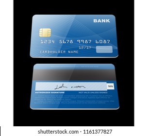 Set of credit cards on black background. Front and back view. Easy to use for your design EPS10.
