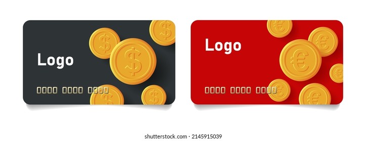 Set of credit cards template with dollar and euro golden coins on black and red backdrop