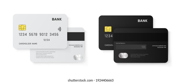 Conjunto de maquetas vectoriales de tarjetas de crédito aisladas en fondo blanco. 