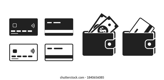set of credit cards and wallet with money icon. finances, money and banking symbols