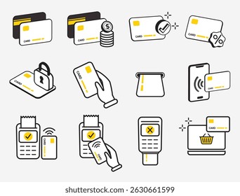 set of credit and debit card icon and symbol, business and financial concept, flat icon design