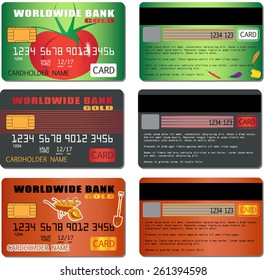 Set of credit or debit cards with vegetables and garden tools. Vector
