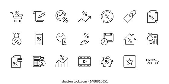 Set of Credit and Loan Related Vector Line Icons. Contains such Icons as Credit Card, Rate Calculator, Deposit and more. Editable Stroke. 32x32 Pixel Perfect