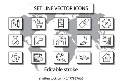 Set of Credit and Loan Related Vector Line Icons. Contains such Icons as Credit Card, Rate Calculator, Deposit and more. Editable Stroke. 32x32 Pixel Perfect