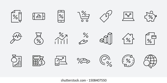 Set of Credit and Loan Related Vector Line Icons. Contains such Icons as Credit Card, Rate Calculator, Deposit and more. Editable Stroke. 32x32 Pixel Perfect