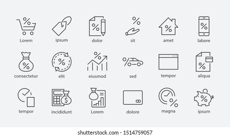 Set of Credit and Loan Related Vector Line Icons. Contains such Icons as Credit Card, Rate Calculator, Deposit and more. Editable Stroke. 320x320 Pixel Perfect