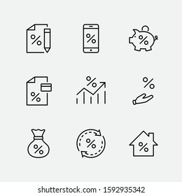 Set of Credit and Loan Related Vector Line Icons. Contains such Icons as Credit Card, Rate Calculator, Deposit and more. Editable Stroke. 320x320 Pixel Perfect