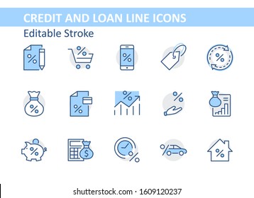 Set of Credit and Loan Related Vector Line Icons. Contains such Icons as Credit Card, Rate Calculator, Deposit and more. Editable Stroke. 320x320 Pixel Perfect