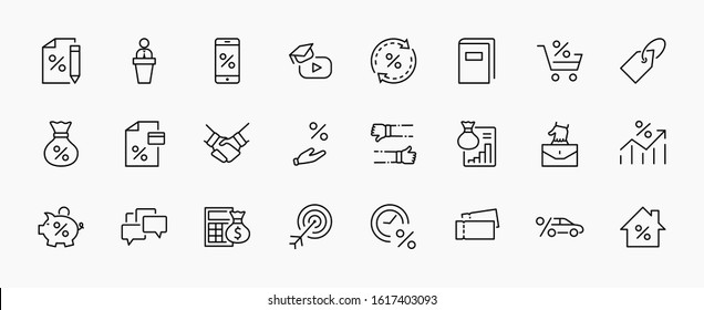Juego de iconos de línea de vectores relacionados con crédito y préstamo. Contiene iconos como tarjeta de crédito, calculadora de tasas, depósito y más. Trazo editable. Perfecto para 320 x 320 píxeles