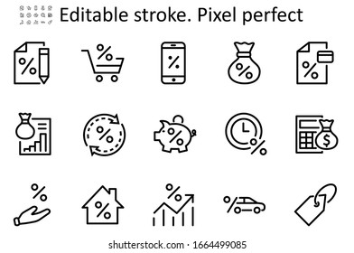 Set of Credit and Loan Related Vector Line Icons. Contains such Icons as Credit Card, Rate Calculator, Deposit and more. Editable Stroke. 48x48 Pixel Perfect