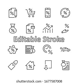 Set of Credit and Loan Related Vector Line Icons. Contains such Icons as Credit Card, Rate Calculator, Deposit and more. Editable Stroke. 32x32 Pixels