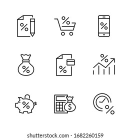 Set of Credit and Loan Related Vector Line Icons. Contains such Icons as Credit Card, Rate Calculator, Deposit and more. Editable Stroke. 32x32 Pixels