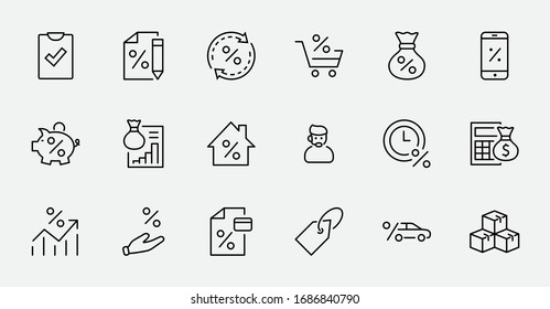 Set of Credit and Loan Related Vector Line Icons. Contains such Icons as Credit Card, Rate Calculator, Deposit and more. Editable Stroke. 32x32 Pixels