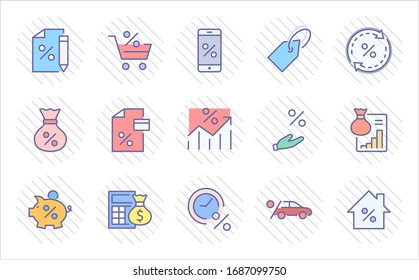 Set of Credit and Loan Related Vector Line Icons. Contains such Icons as Credit Card, Rate Calculator, Deposit and more. Editable Stroke. 320x320 Pixel Perfect