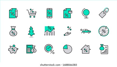 Set of Credit and Loan Related Vector Line Icons. Contains such Icons as Credit Card, Rate Calculator, Deposit and more. Editable Stroke. 320x320 Pixel Perfect