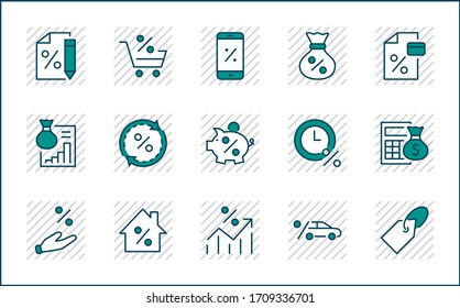 Set of Credit and Loan Related Vector Line Icons. Contains such Icons as Credit Card, Rate Calculator, Deposit and more. Editable Stroke. 320x320 Pixel Perfect