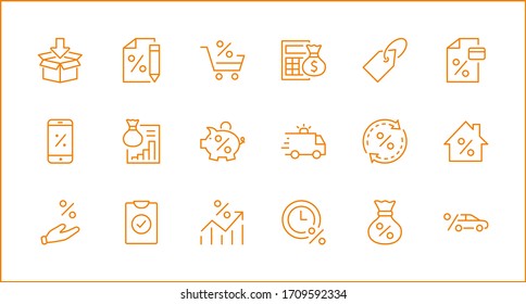 Juego de iconos de línea de vectores relacionados con crédito y préstamo. Contiene iconos como tarjeta de crédito, calculadora de tasas, depósito y más. Trazo editable. 32 x 32 píxeles