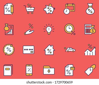 Set of Credit and Loan Related Vector Line Icons. Contains such Icons as Credit Card, Rate Calculator, Deposit and more. Editable Stroke. 320x320 Pixel Perfect
